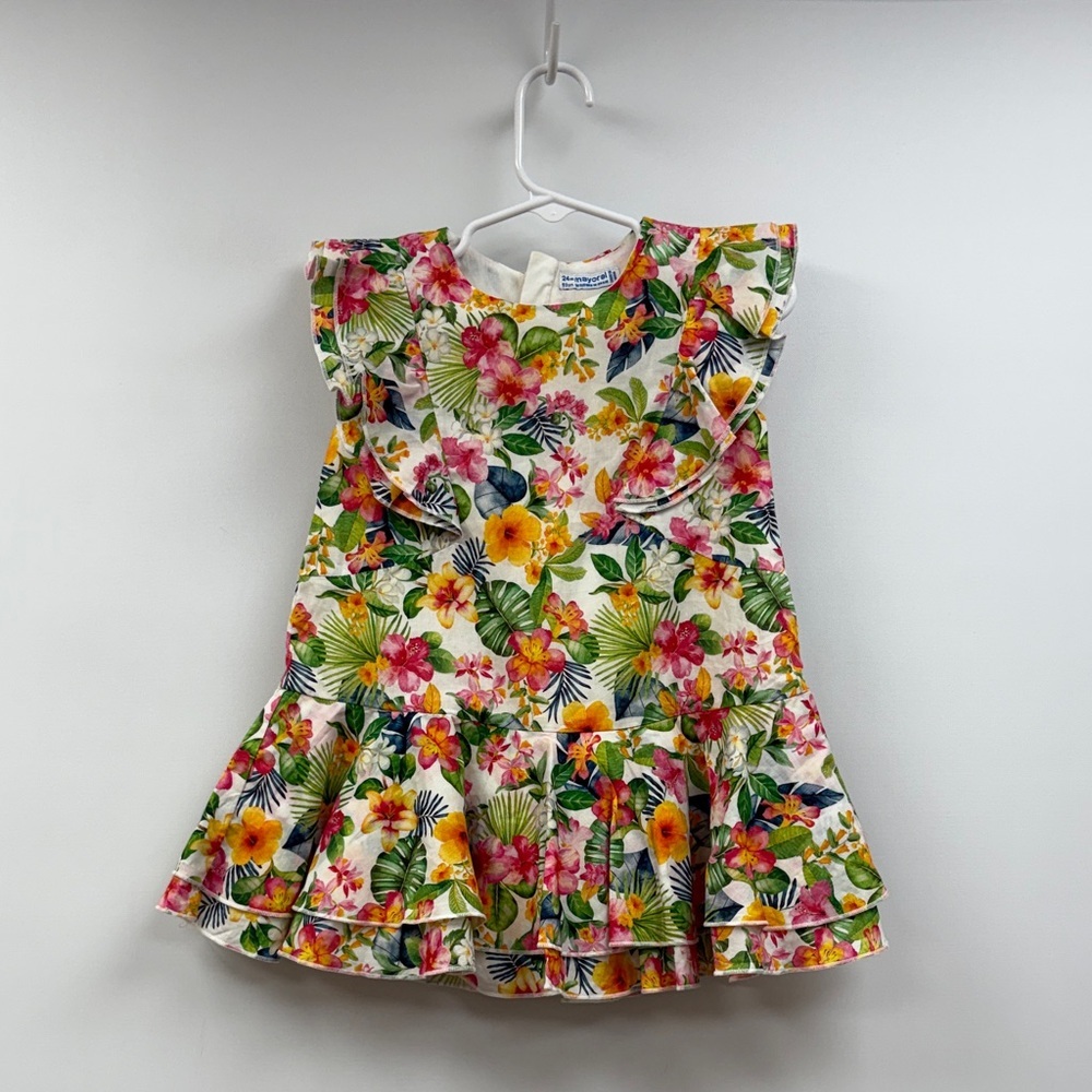 Girl's Mayoral 100% Cotton Tropical Floral Ruffle A-Line Pleated Dress 24 Months